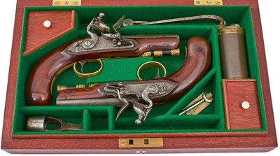 Lot A PAIR OF LATER CASED 42-BORE FLINTLOCK TRAVELLING PISTOLS BY H. W. MORTIMER & SON