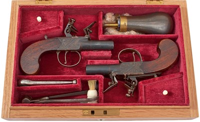 Lot A LATER CASED PAIR OF 54-BORE FLINTLOCK BOXLOCK POCKET PISTOLS BY HOWE OF COLCHESTER