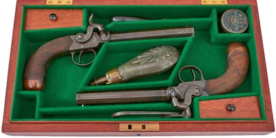 Lot 281 - A LATER CASED PAIR OF 50-BORE PERCUSSION BOXLOCK TRAVELLING PISTOLS BY HOLLIS BROTHERS