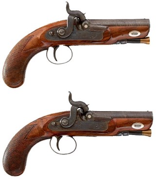 Lot A CRISP PAIR OF PERCUSSION TRAVELLING PISTOLS BY CLOUGH & SONS OF BATH