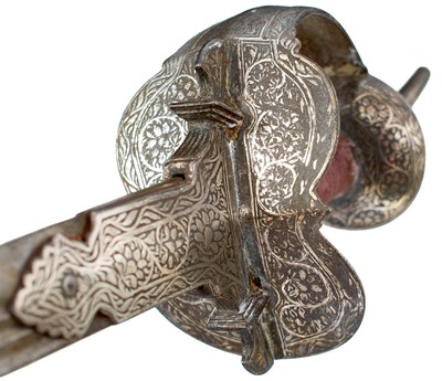 Lot 47 - A LATE 18TH OR EARLY 19TH CENTURY SILVER DECORATED INDIAN FIRANGI OR SWORD