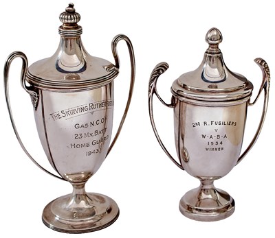 Lot 733 - OF HOME GUARD INTEREST: A LIDDED TWO HANDLED SILVER TROPHY CUP