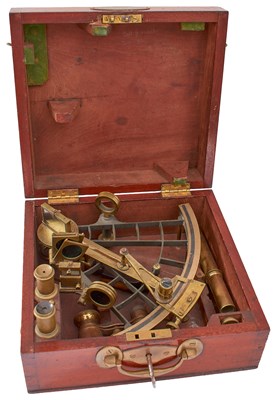Lot 729 - A 19TH CENTURY CASED BRASS SEXTANT