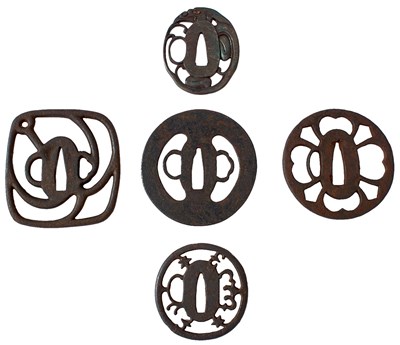 Lot 12 - A SMALL COLLECTION OF FIVE JAPANESE ARCHAIC IRON TSUBA