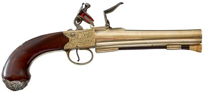 Lot 379 - A RARE LARGE 14-BORE FLINTLOCK PAKTONG SILVER MOUNTED OFFICER'S PISTOL