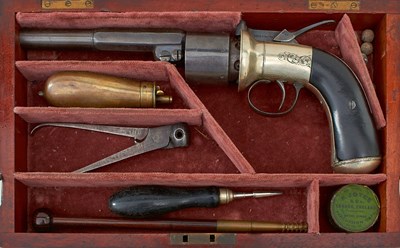 Lot 383 - A SCARCE 54-BORE SIX-SHOT PERCUSSION BAKER'S PATENT LONG-SPUR TRANSITIONAL REVOLVER
