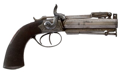 Lot A 42-BORE DOUBLE BARRELLED PERCUSSION BAYONET PISTOL BY H.W. MORTIMER & SON