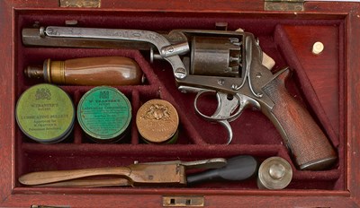 Lot A CASED 54-BORE FIVE-SHOT DOUBLE TRIGGER TRANTER REVOLVER RETAILED BY TREEBY
