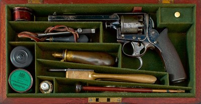 Lot A SCARCE CASED 80-BORE PERCUSSION FIVE-SHOT 1ST MODEL TRANTER REVOLVER