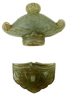 Lot 33 - TWO 17TH/18TH CENTURY CHINESE JADE SWORD OR JIAN MOUNTS
