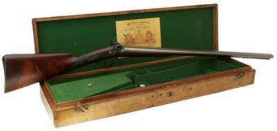 Lot 313 - A CASED 18-BORE DOUBLE BARRELLED PERCUSSION SPORTING GUN BY J. WILKINSON & SON
